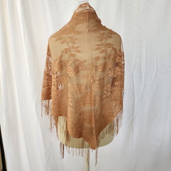 Formal Shawl Fringe Camel Tan Triangle Scarf Lace Evening Wrap Romantic New - Picture 3 of 5